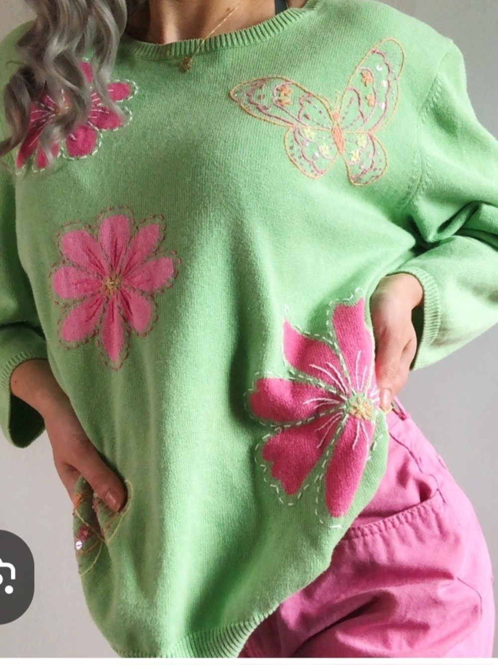 O Alfred Dunner Light Green Sweater with Pink Floral Embroidery 2x